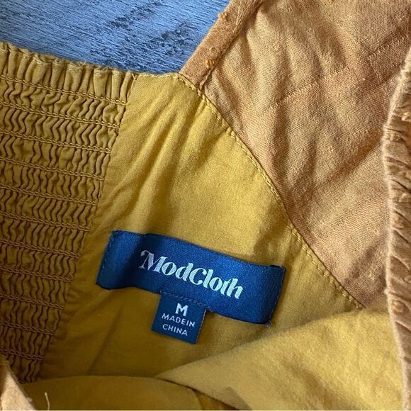 ModCloth Smocked Dress Mustard Yellow Embroidered Medium With Pockets Fe… - Picture 4 of 11